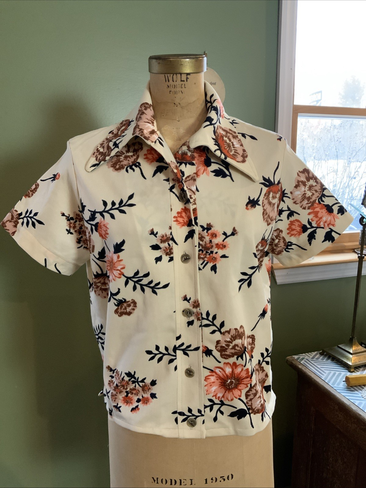 Vintage 50s Style Women’s Collar Button Up Shirt Homemade Beige Floral Sz 14