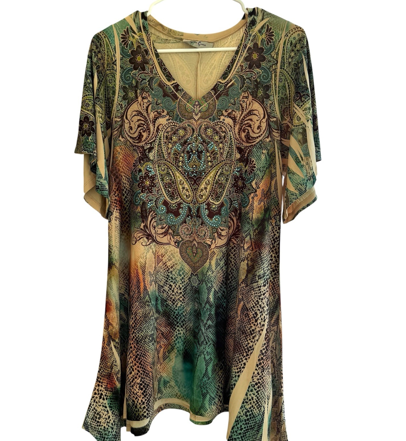 Cover Charge Top Womens Large Long Animal Print Rhinestone Y2K Vintage Grunge