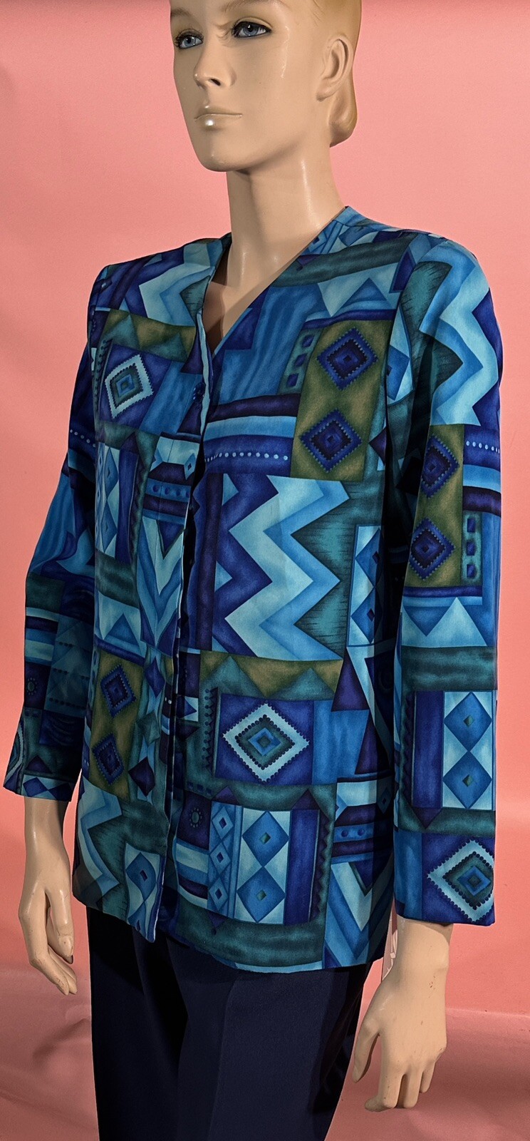 VTG N Touch Petites 80’s Women’s Blouse Turquoise Shoulder Pads Geometric