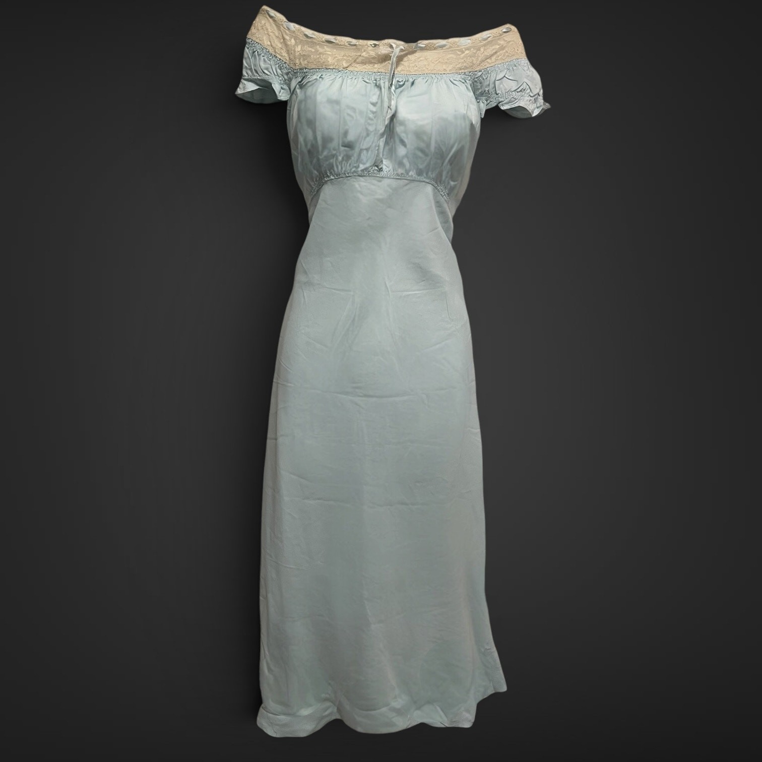 Vintage 1930s Blue Rayon Satin Nightgown Lace Ribbon Puff Sleeve Lingerie