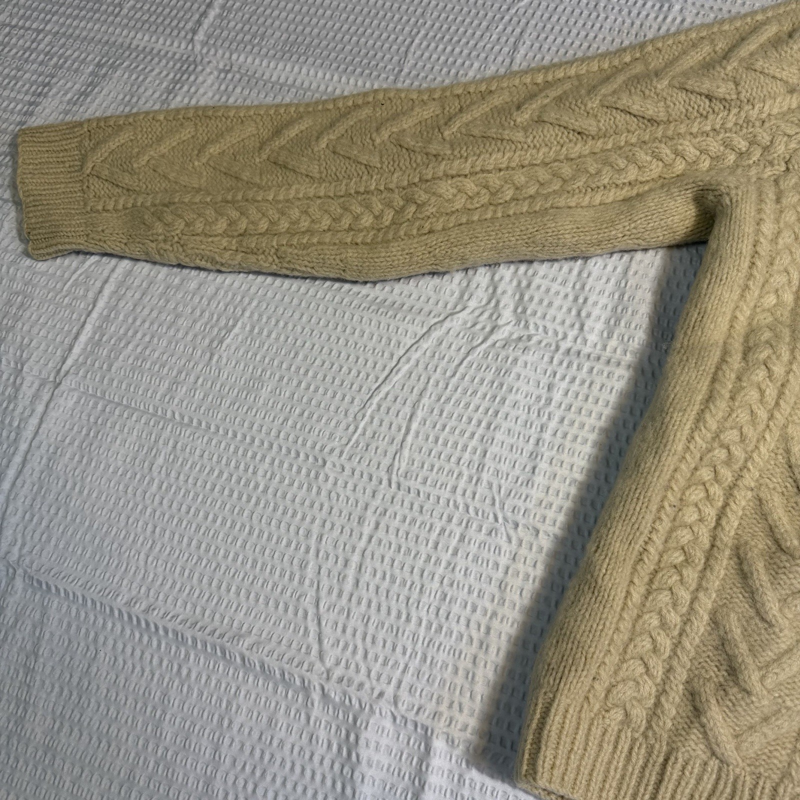 VTG American Eagle Beige 100% Wool Cable Knit Fisherman Sweater Handknit Size M