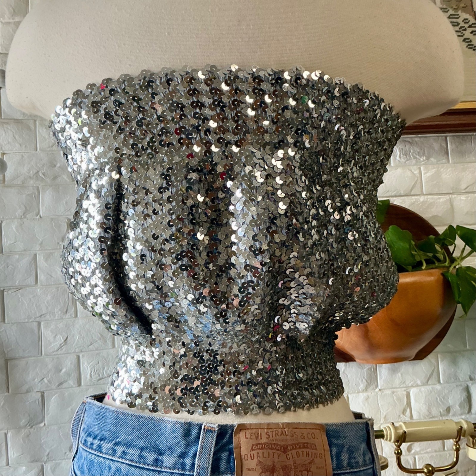Vintage 1970s Disco Metallic Silver Sequin Tube Top