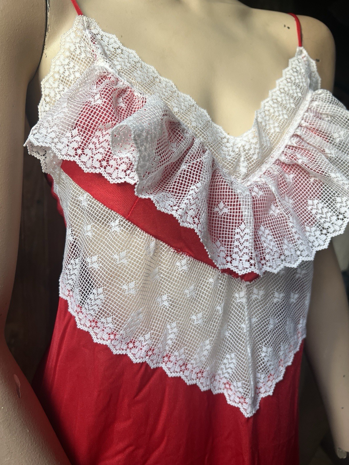 Vintage 70s Red Lace Slip Gown Frills Spaghetti Strap Prairie Nylon