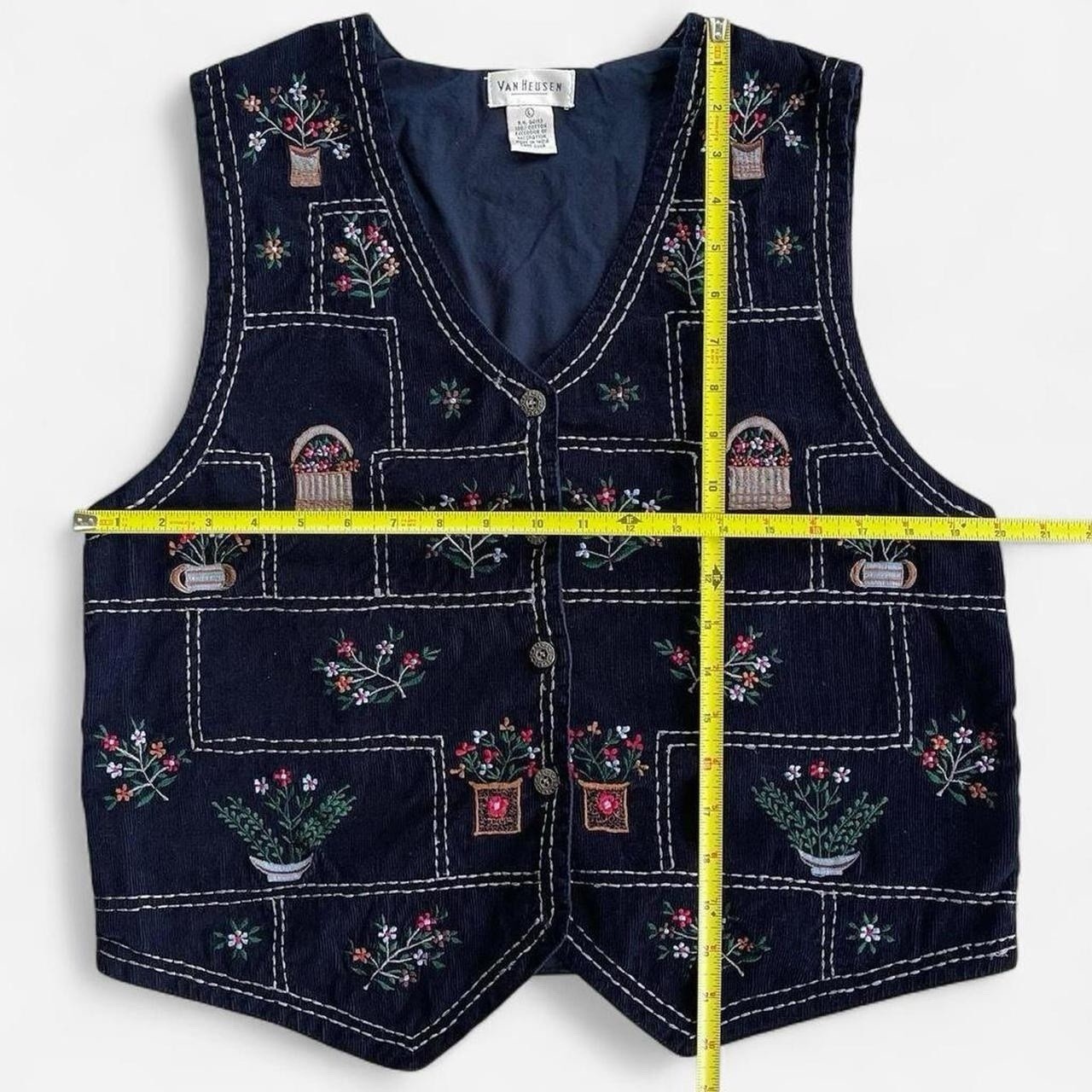 Vintage Van Heusen Dark Navy Blue Corduroy Embroidered Flowers Button Front Vest