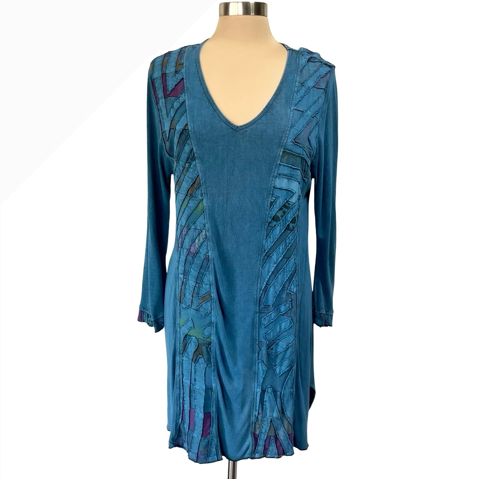 Parsley & Sage Boho Patchwork Tunic Dress Sz XL V-Neck Long Sleeve Art to Wear