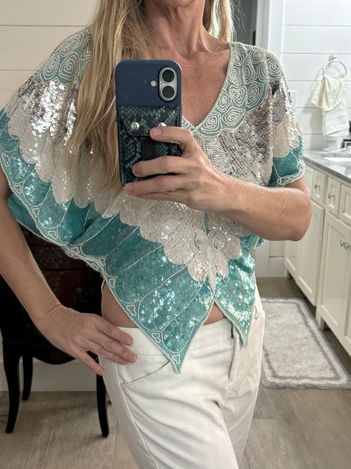Vintage Suzette International Paris Santa Fe Sequence Butterfly Top teal silver