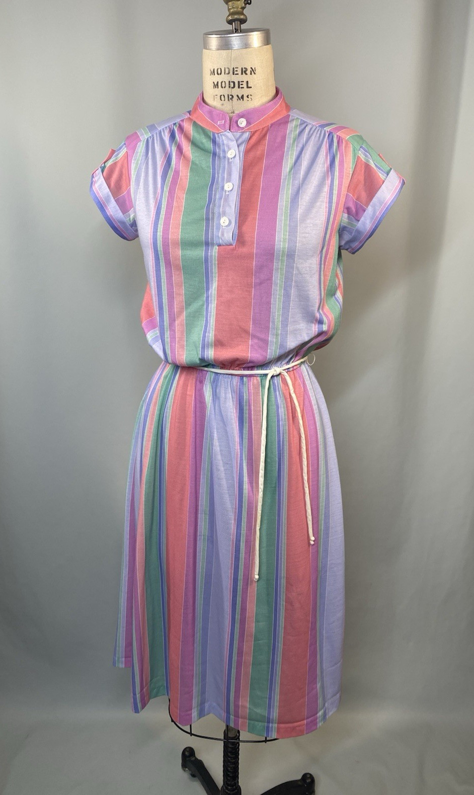 Vintage Dress SIZE LARGE 14 stripe cotton TIMES UP LE TEMPS 70s 80s purple pink
