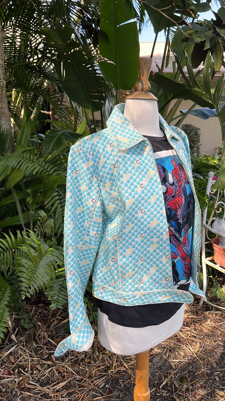 Mod RARE Cool VTG Womens LEATHER Bomber Jacket Retro Hearts Pattern XS