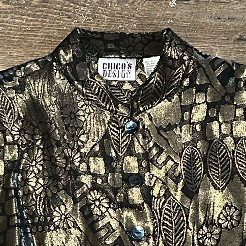 Vintage 90’s Chico’s Black and Metallic Gold Button-Up Tunic Size 0 Leaves
