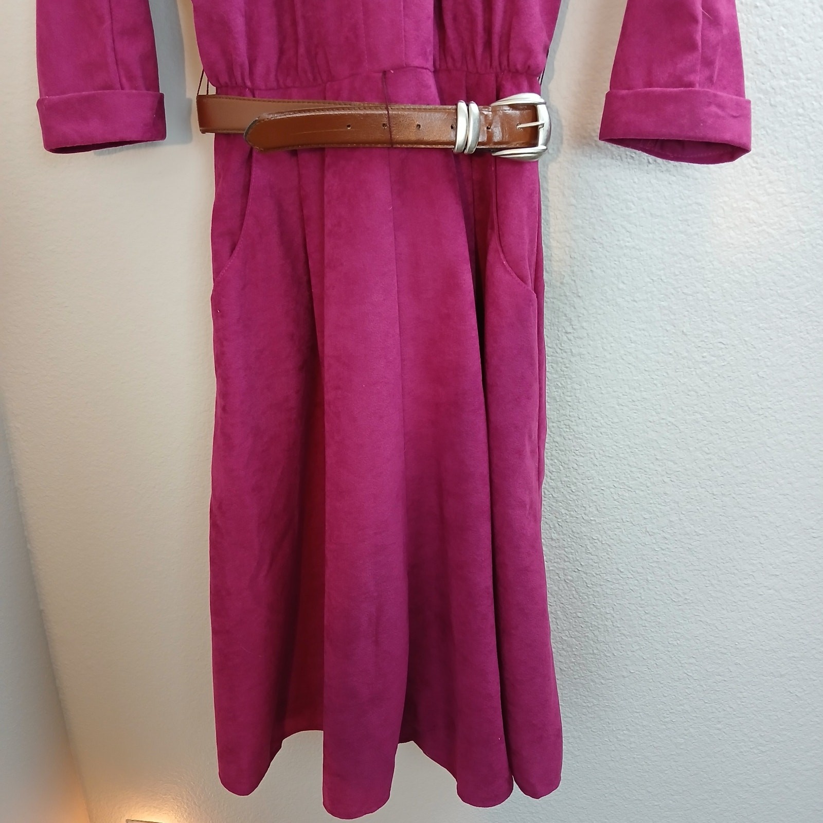 Vintage 80s S.L. Petites Magenta Suede Shirt Dress 6 needs repair pockets belted
