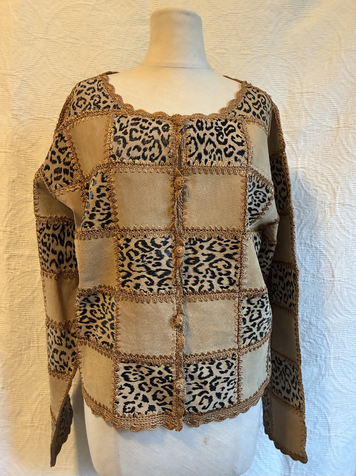 1970s Vintage Brown Tan Gold Leather Jacket Crochet Patchwork Leopard Medium