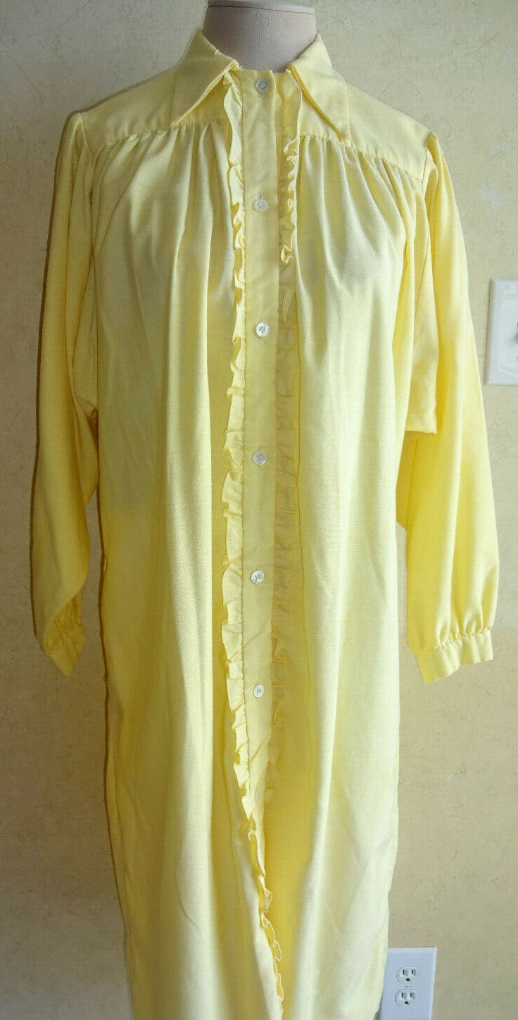 Vintage Bill Blass Robe Womens 1970s 1980s Yellow 10 M L Ruffles Long Sleeves
