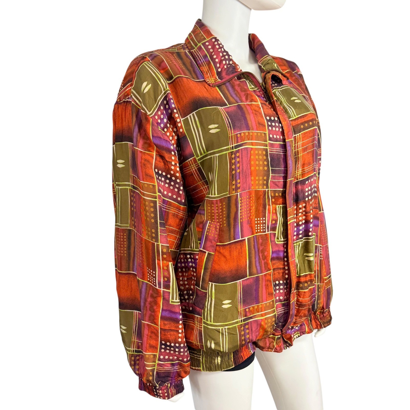 Fuda International Vintage 100% Silk Geometric Patchwork Bomber Jacket Large