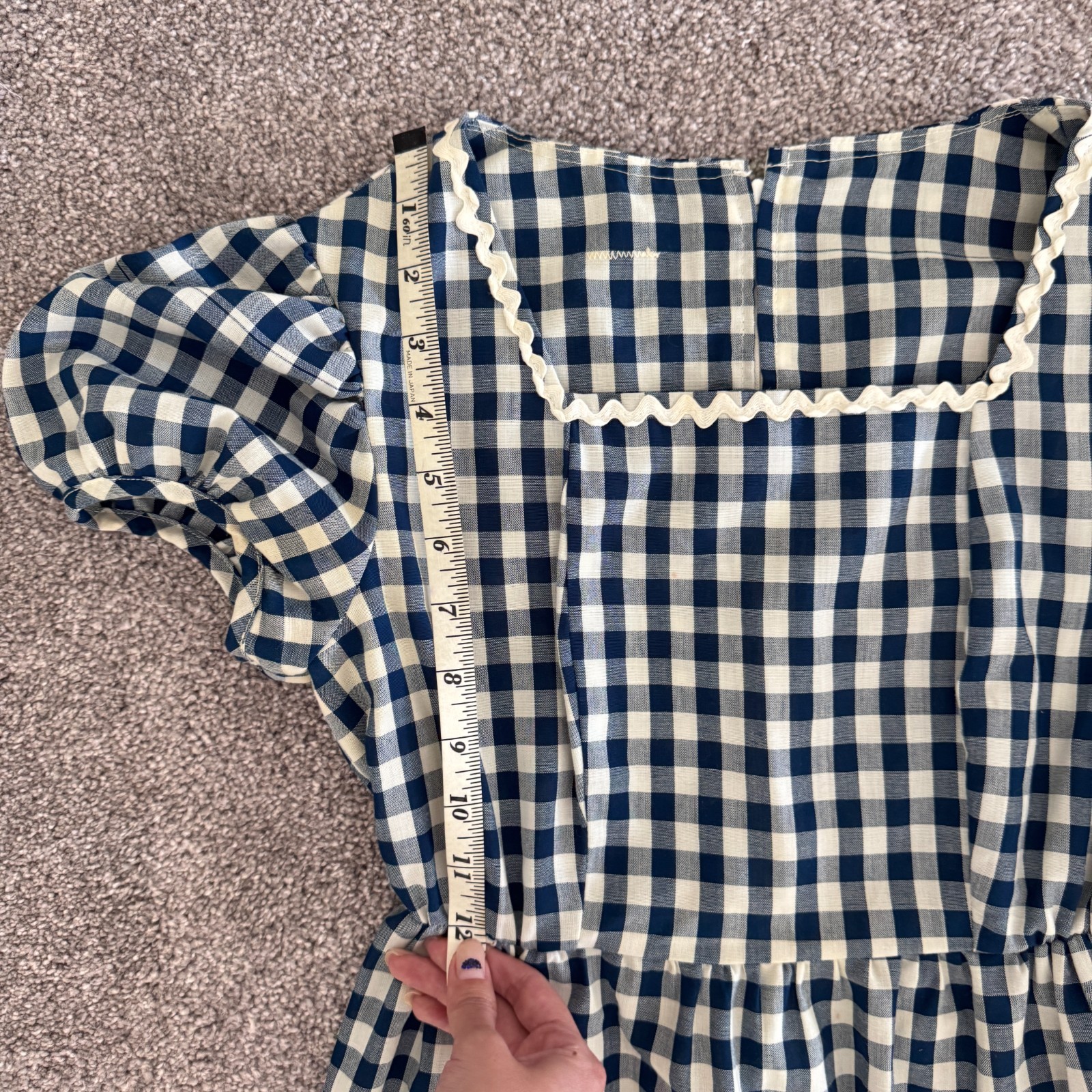 Vintage Handmade Blue White Gingham Prairie Maxi Dress Puff Sleeve XS 70s Style
