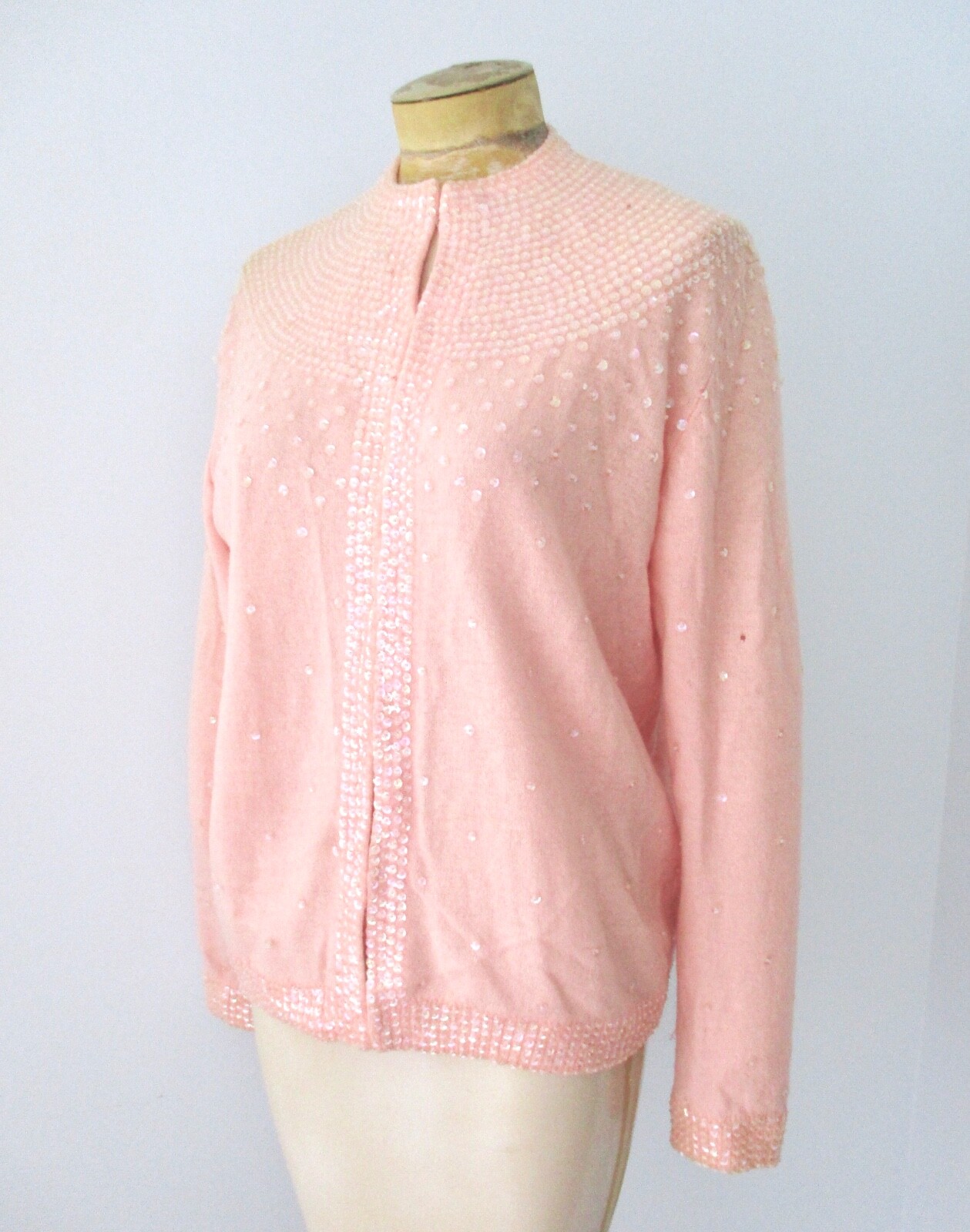 Vtg 50s pink lambswool? clear sequin bombshell cardigan sweater lined 40