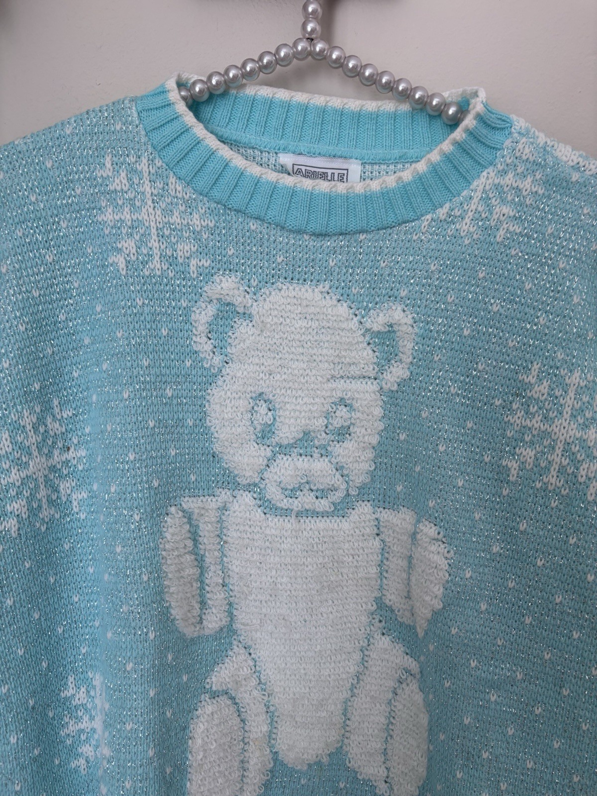 Vintage Arielle Womens Size L Teddy Bear Sweater Pastel Green Pink Grandmacore