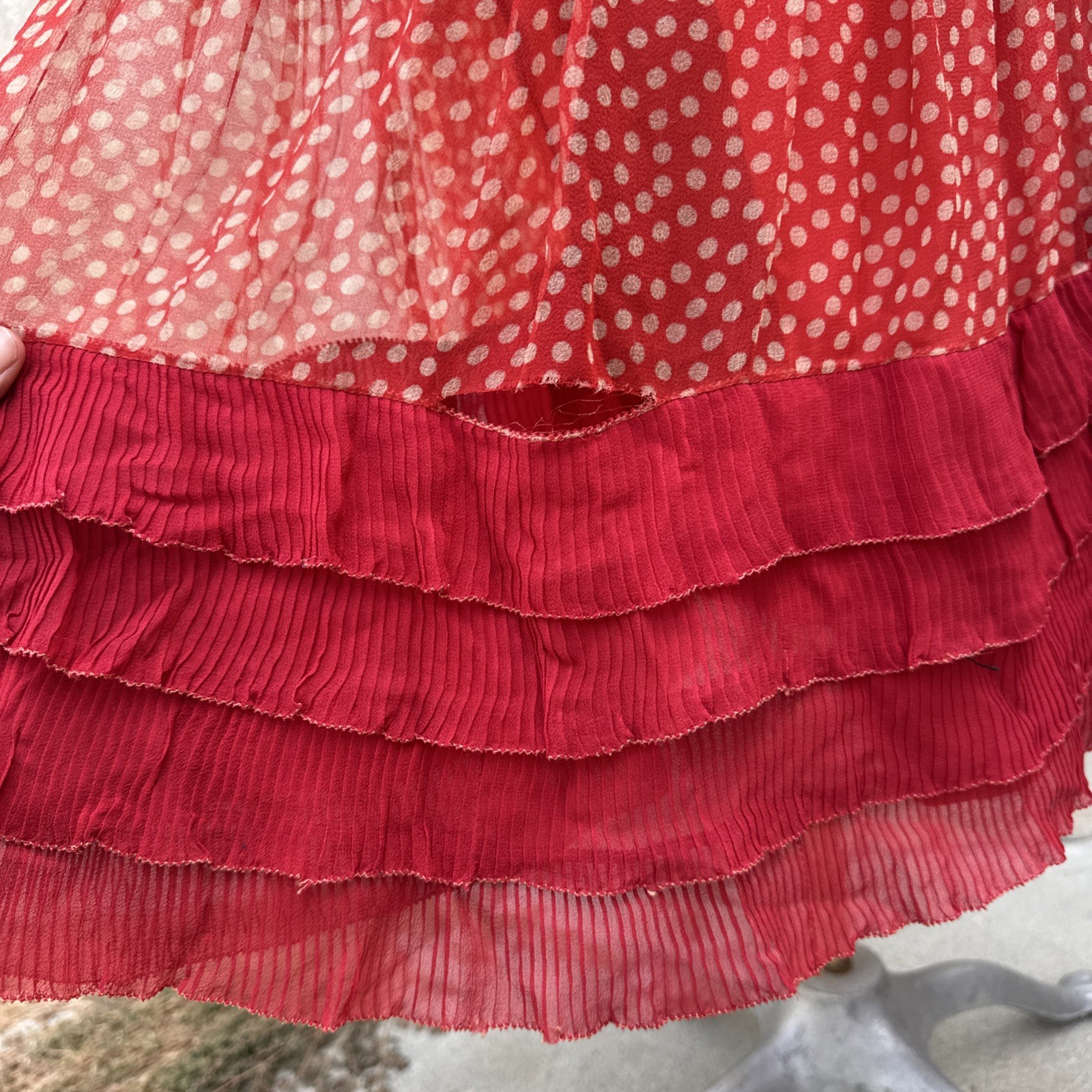 Antique 1920s Red Silk Chiffon Dress Polka Dot Asymmetrical Bow Marjone Vintage