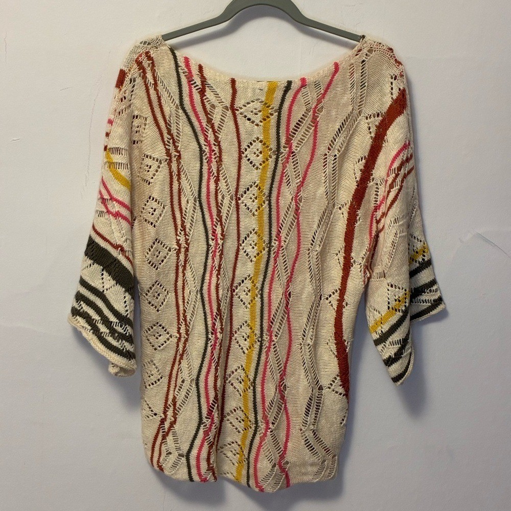 Sundance Cream Open-Knit Cotton Pullover with Yellow, Pink & Rust Stripes XS