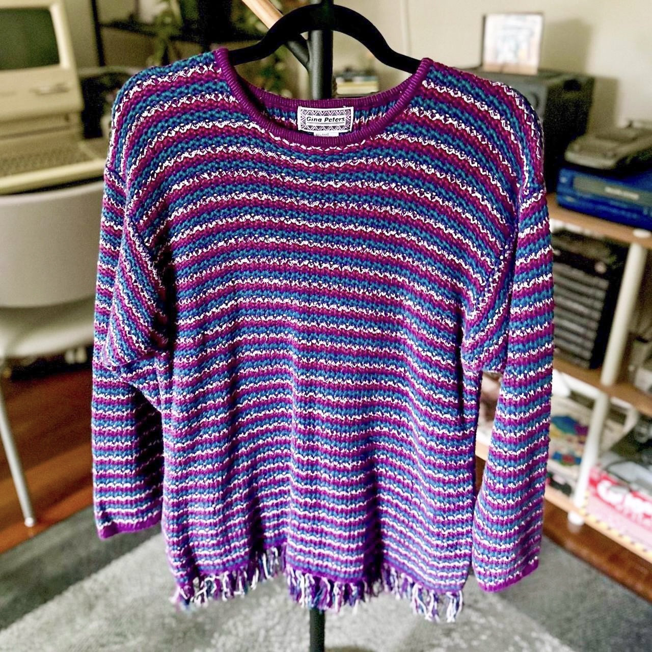 80s Vintage Gina Peters Heavy Knit Long Purple Sweater with Fringe Women’s L