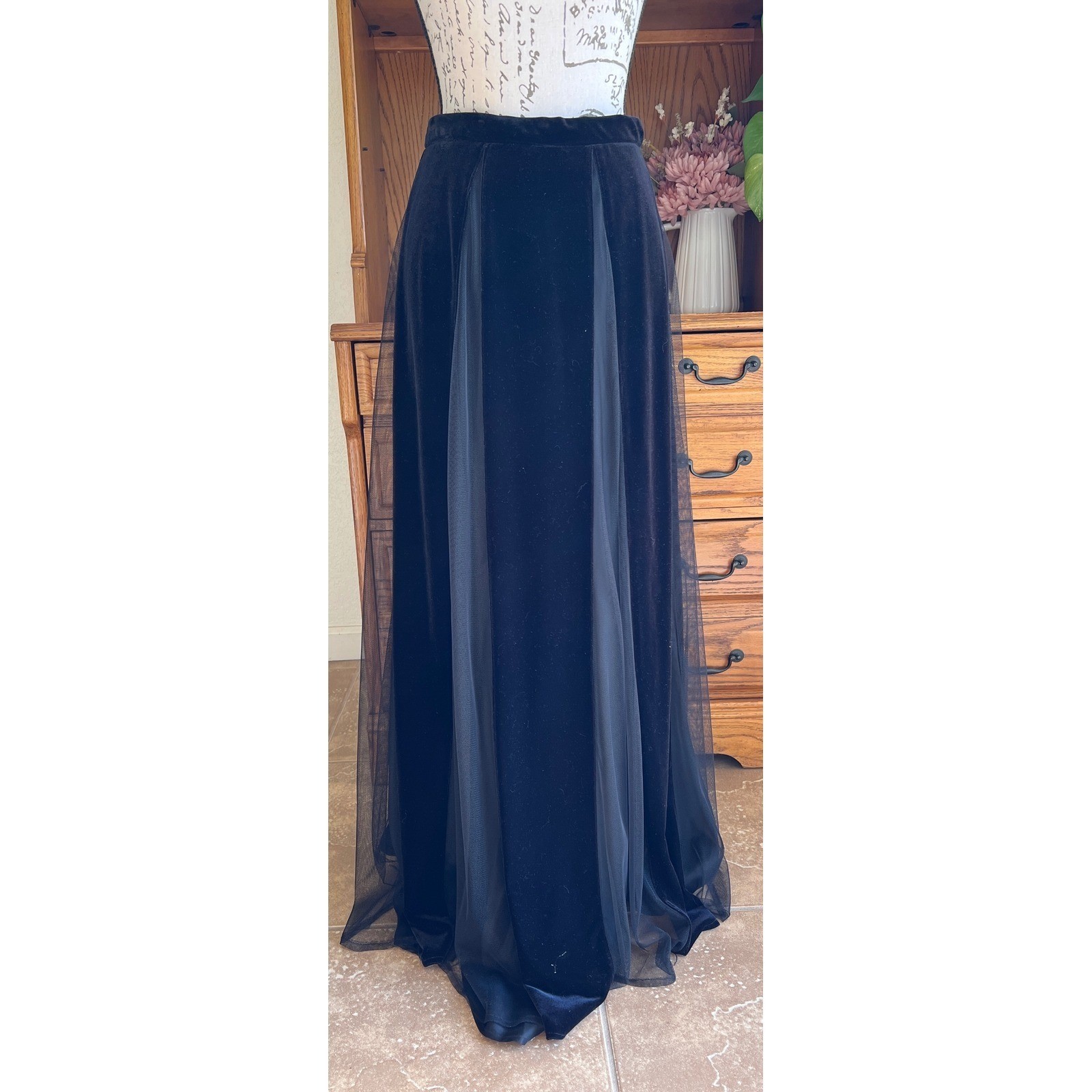 Ever Beauty Vintage Black Velvet Mesh Panel Maxi Skirt Whimsigoth Goth Size 6