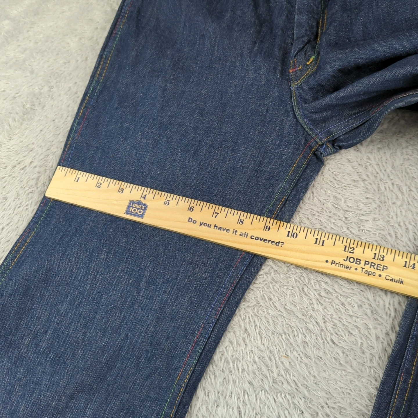 Vintage 1970s Farah Jeans Womens 31 XL Blue Flare Bell Bottoms Rainbow Stitch
