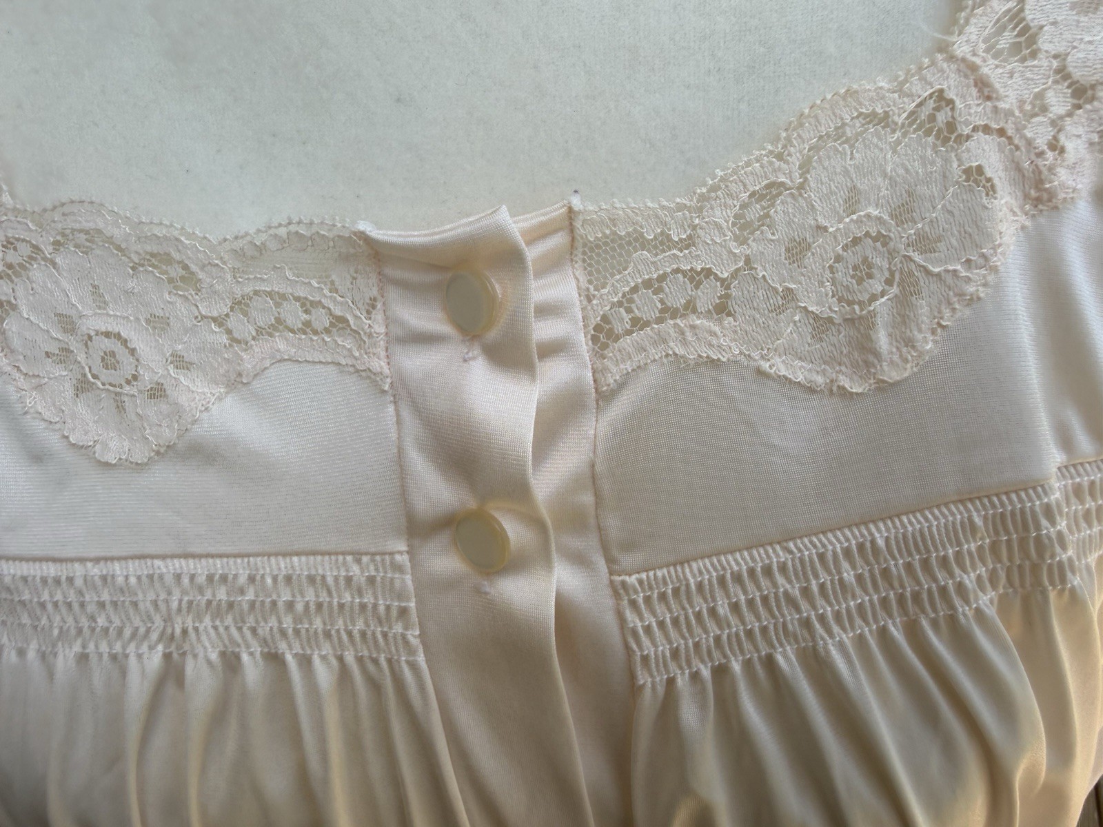 Vintage Vassarette Nightgown Large Peach Long Sleeve Lace Trim USA Sheer