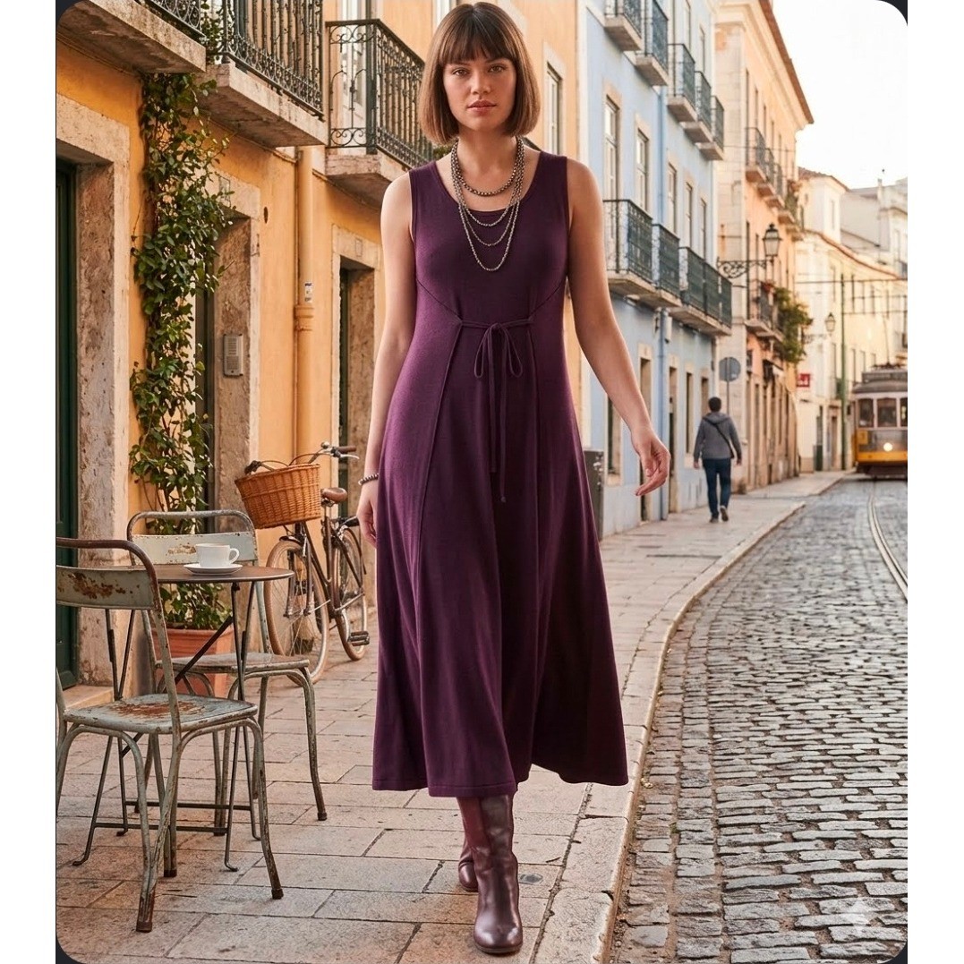Vintage Karen Alexander Purple Midi Dress Size M Empire Waist Front Tie A-Line