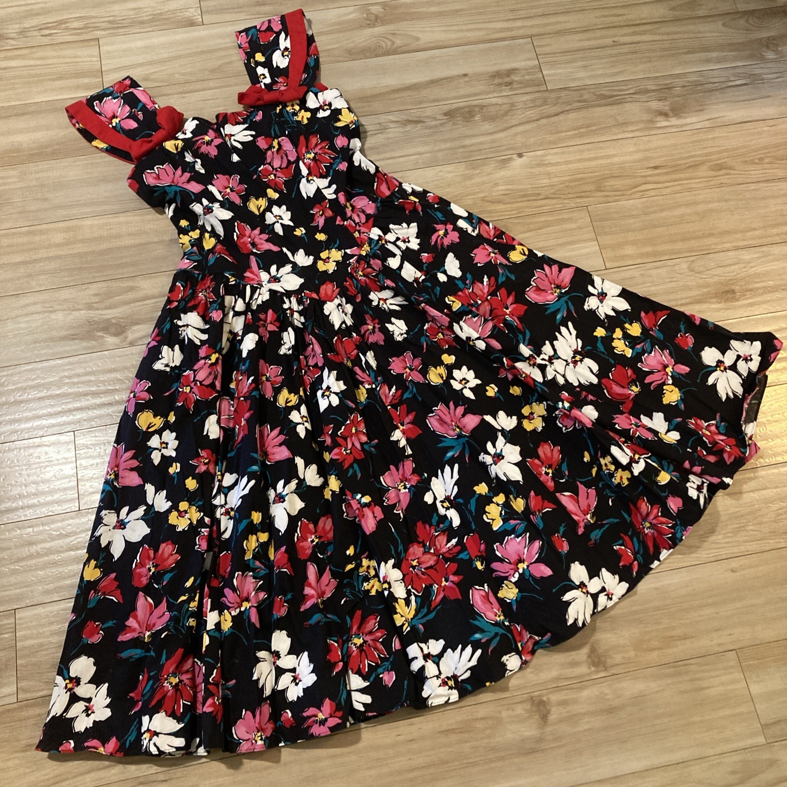 Vintage REO Originals Dress Size 12 / L Black Floral Ribbon Maxi 1970s USA Made