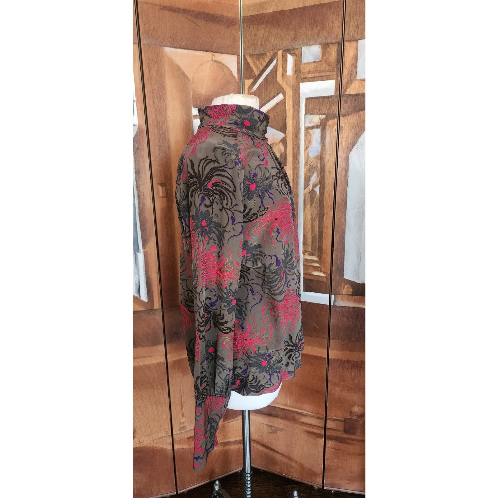 Vintage 80s CHLOE LAGERFELD Blouse Dark Floral Silk Blouse Long Sleeve Large