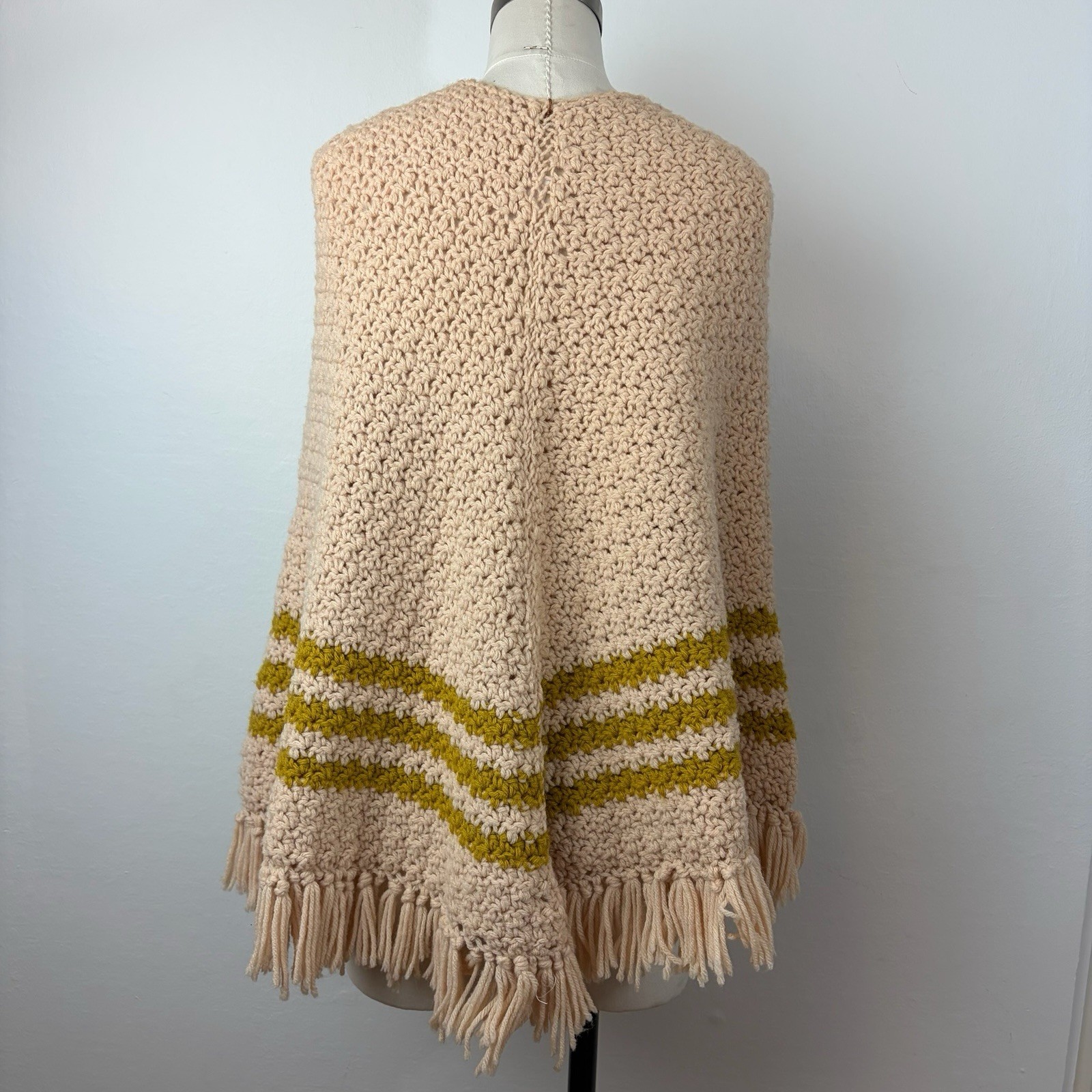 60’s 70’s Knit Crotchet Poncho Yellow Cream Fringe Boho Homemade Handmade