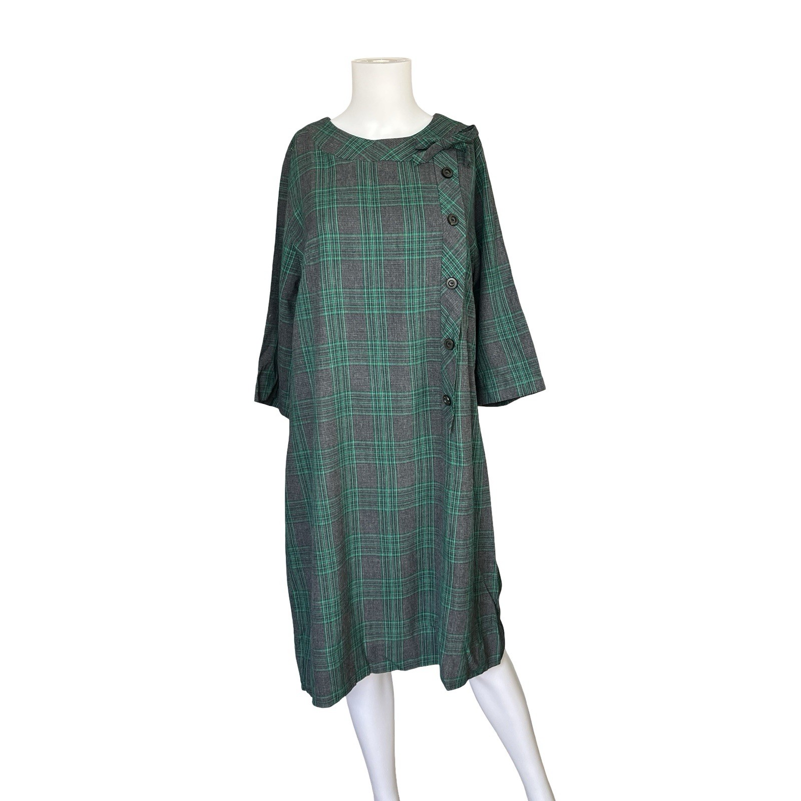Vintage 60s Gray and Green Plaid Shift Dress Classic Buttons