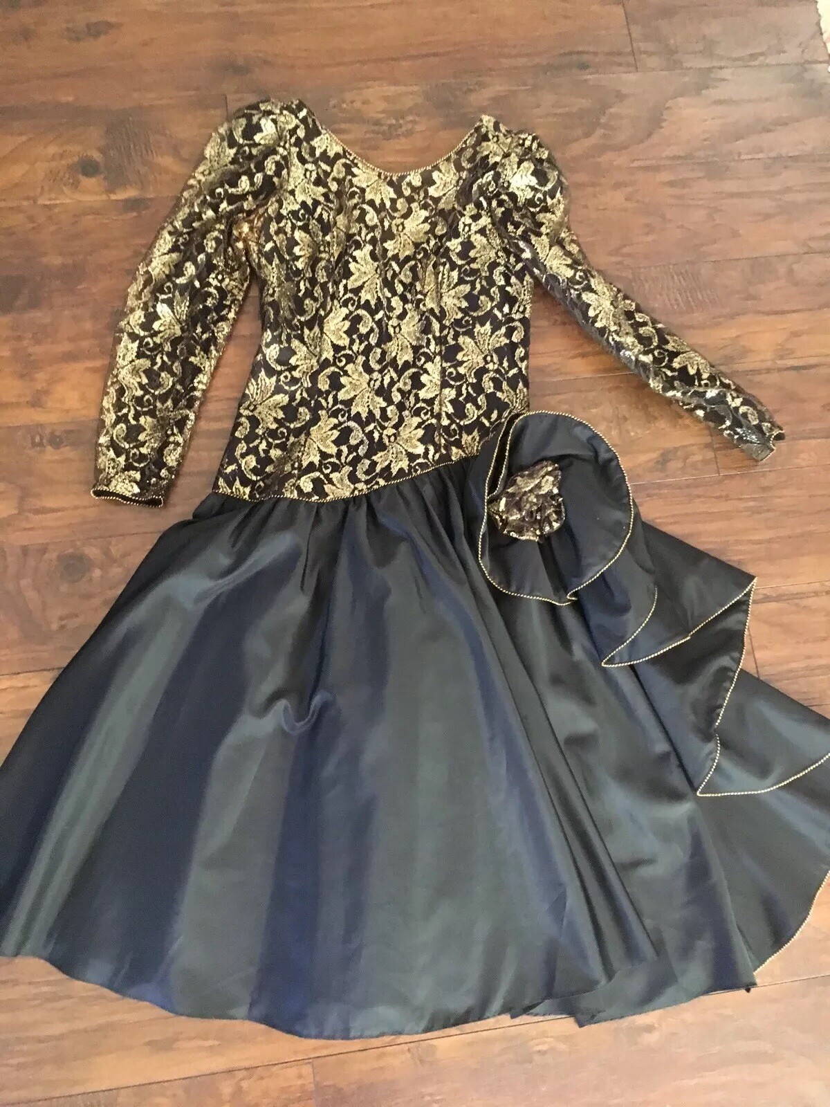1980s 1990s Party Samir Antonio Ruspoll Dress Black Gold Sz 14 Lace flamenco