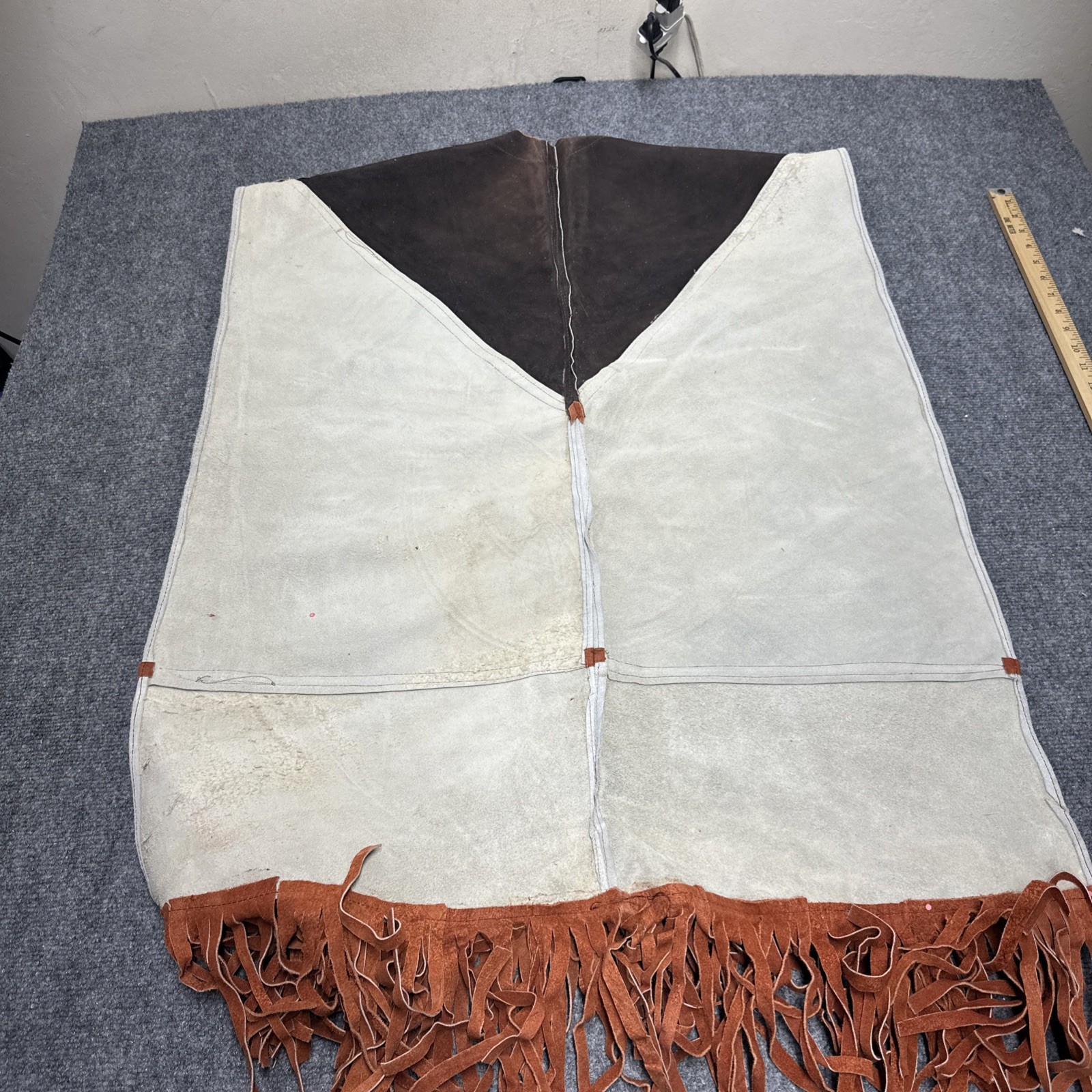 Mejia Unisex Mexican Poncho Coat Bird Fringe Cowhide Leather Shearling Vintage