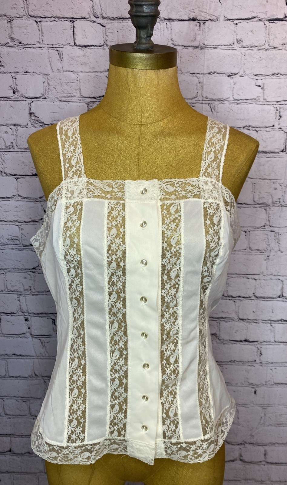 Vtg Nylon Corset Style Ivory Nylon Lace Button Front Lingerie Tank Top