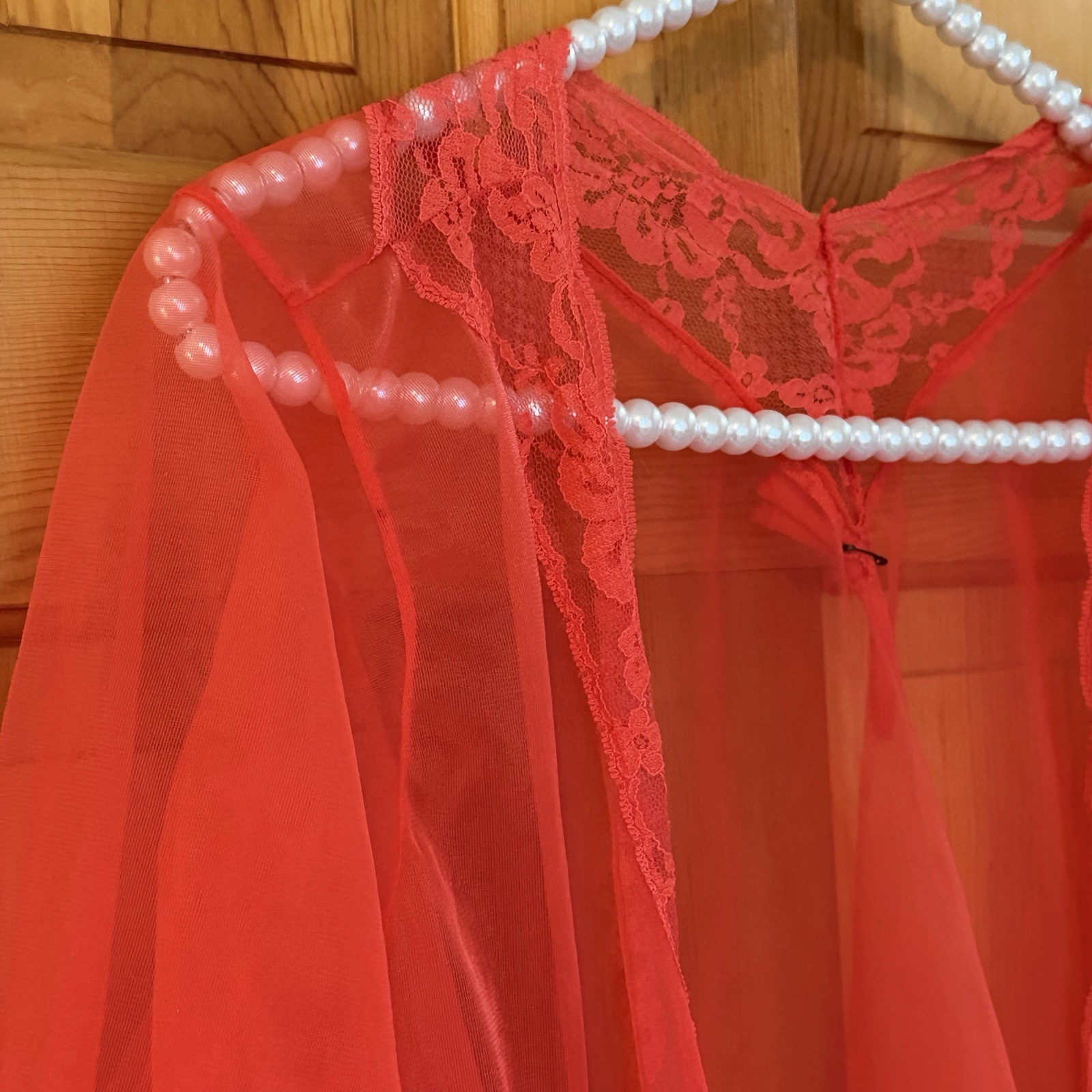 Pandora By Chic Red Sheer Peignoir Robe Lace Sz M Kimono Pin Up Vintage