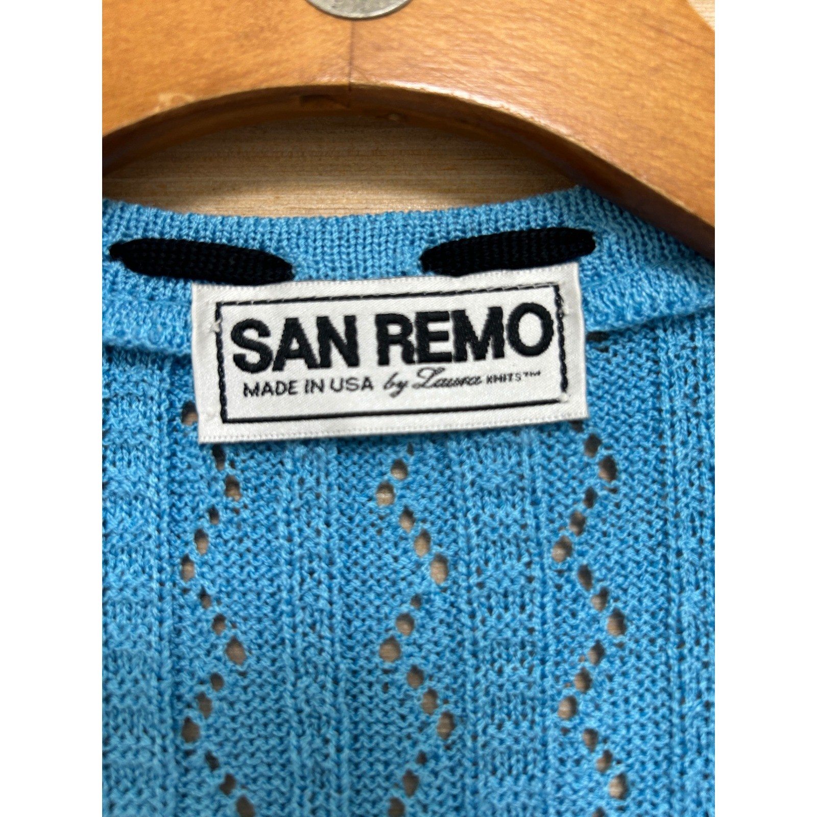 San Remo Vintage Blue Pointelle Knit Open Front Cardigan Black Ribbon Trim Large