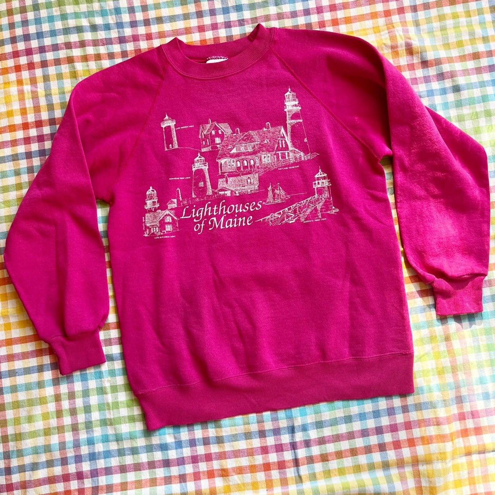 Vintage 1990s Lighthouses In Maine Berry Pink Classic Crewneck Sweatshirt XS/S