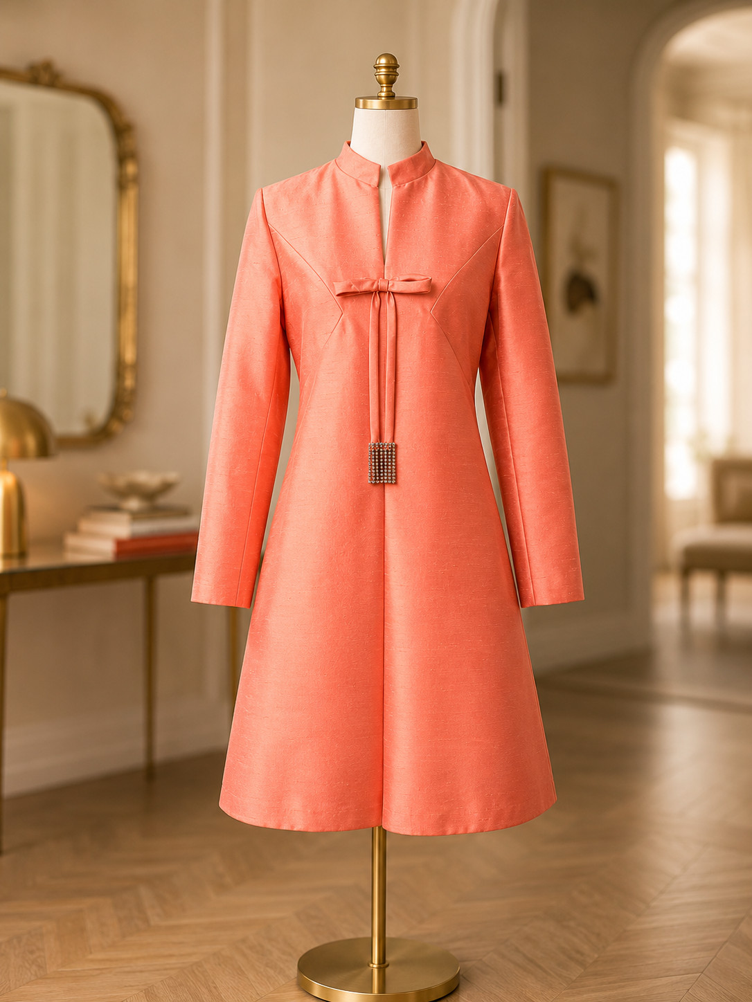 Vintage Harmay Coral Silk Shantung Mod Coat Dress Rhinestone Tassels 1960s