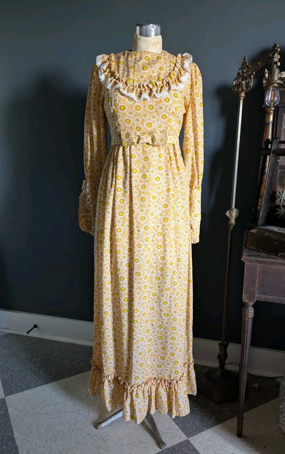 Vtg 1970 Psychedelic Floral Prairie Hostess Dress Yellow Orange Daisy Print Maxi