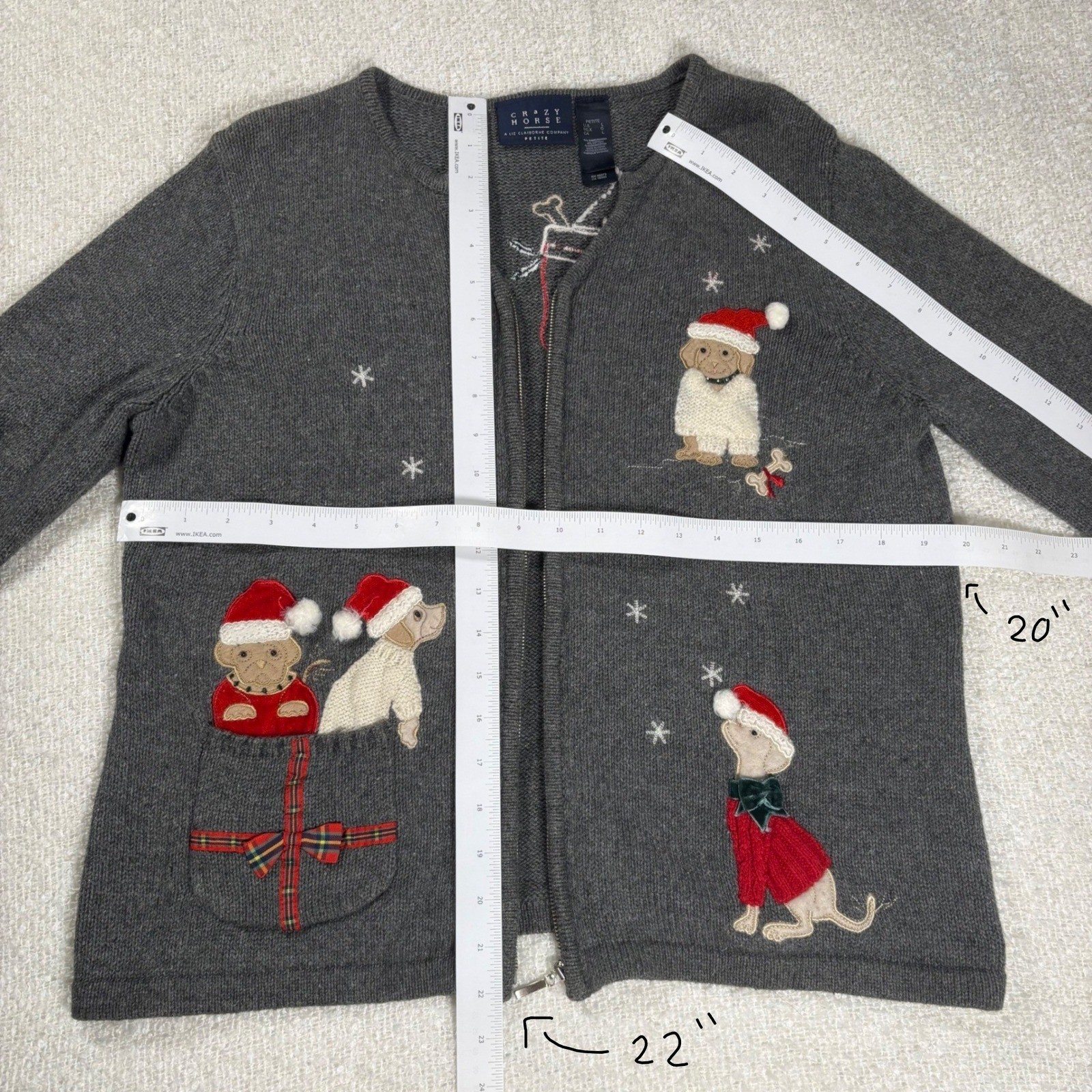 vintage 90s crazy horse liz clairborne ramie knit gray christmas puppy cardigan