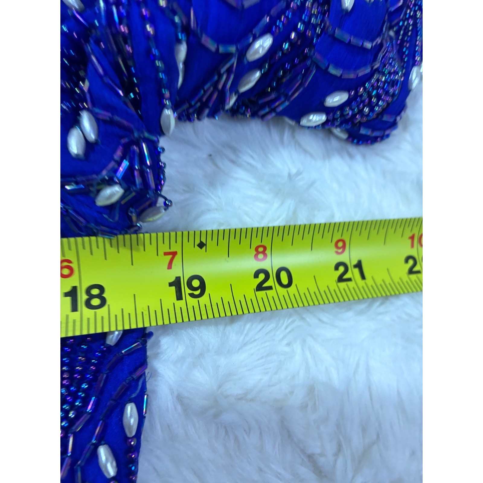 Vintage Royal Blue Silk Beaded Blouse Pearl Scallop Evening Top Small Elegant