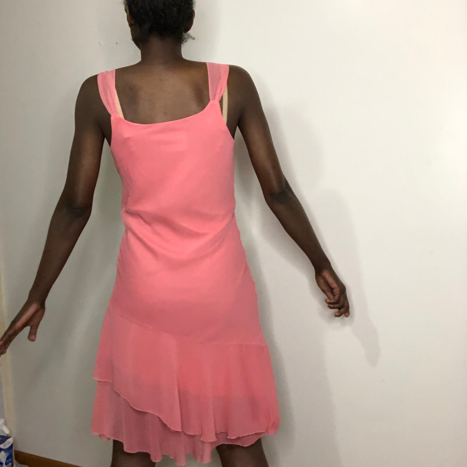 VTG 90s Y2K Pink Chiffon Coquette Fairy Milkmaid Asymmetric Dress Size Large