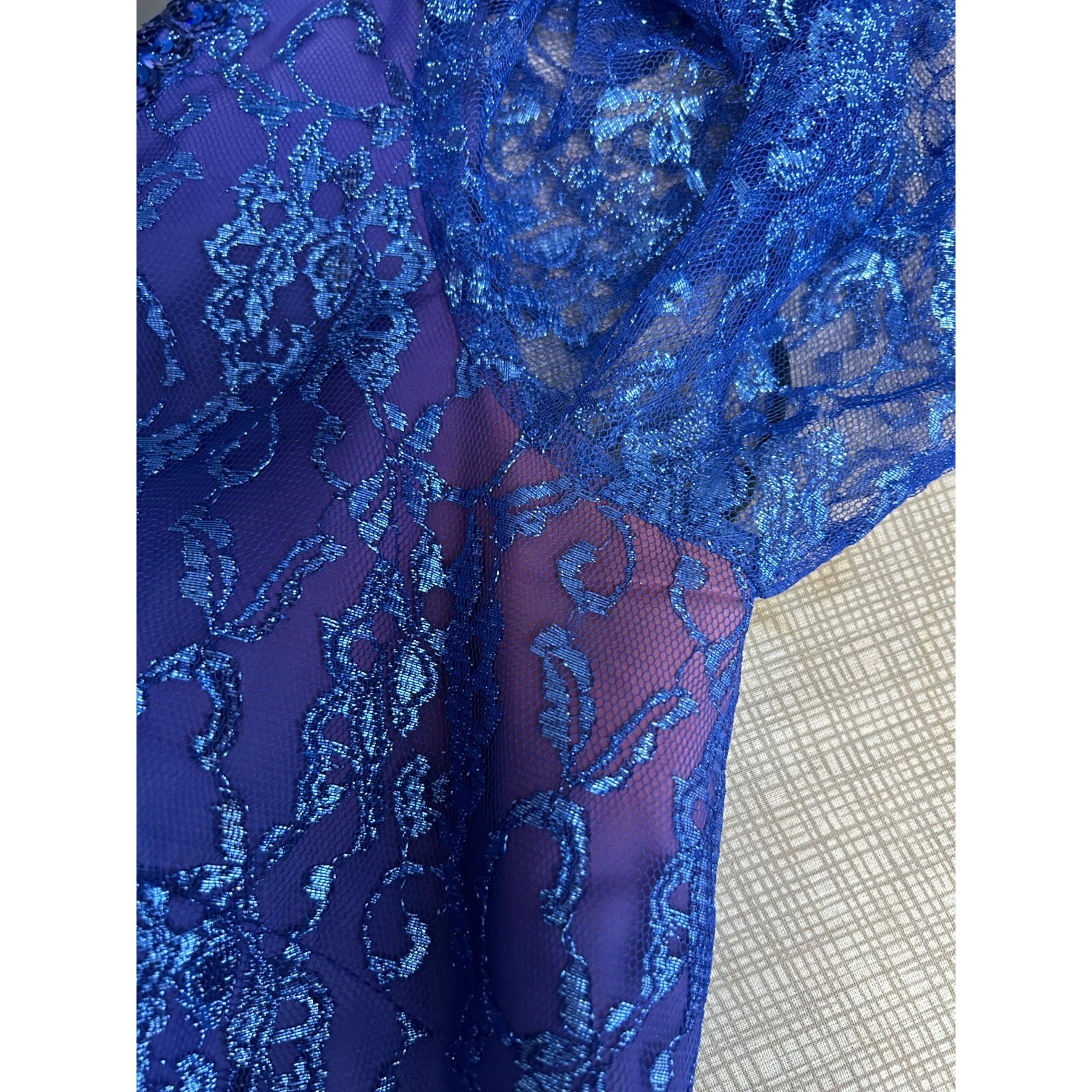 Mike Benet Formal Sequins Blue Lace Sheer V-Neck Evening Gown Dress Vtg 80s