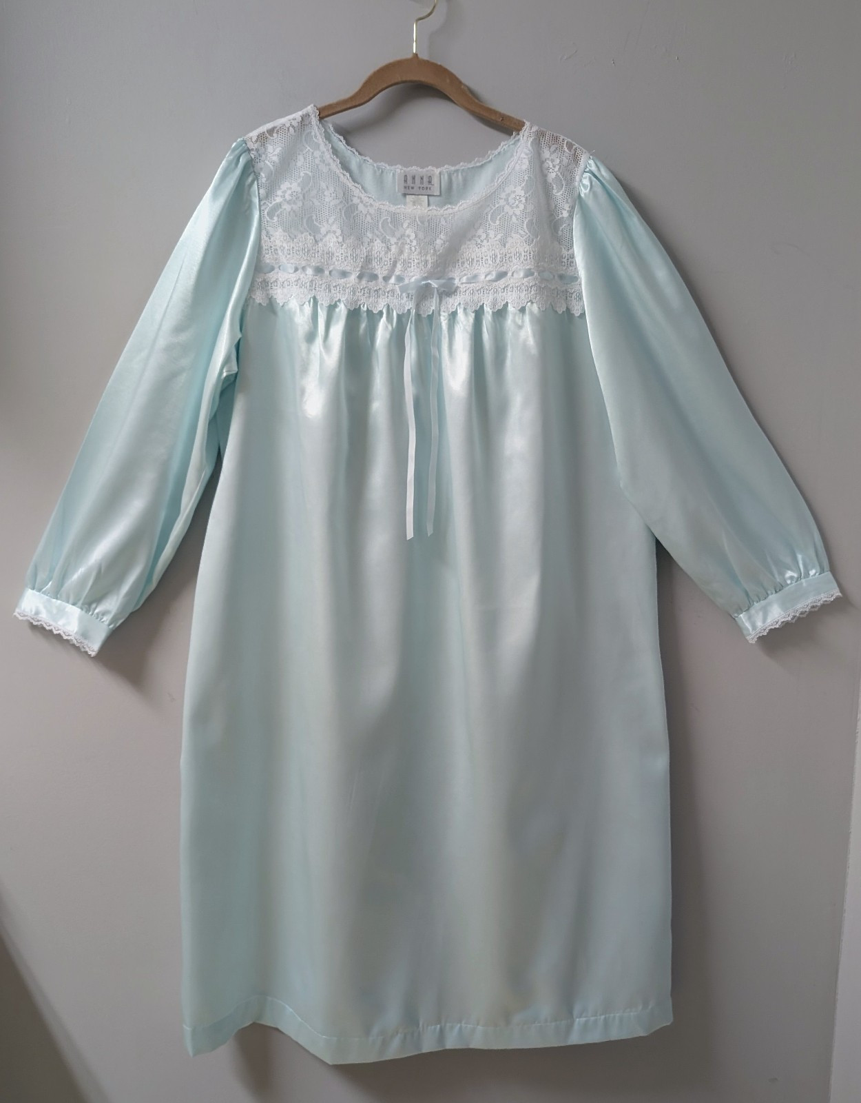 ANNA New York Vtg Blue Puffy Glossy Satin Brushed Cotton Lace Nightgown L 16-18