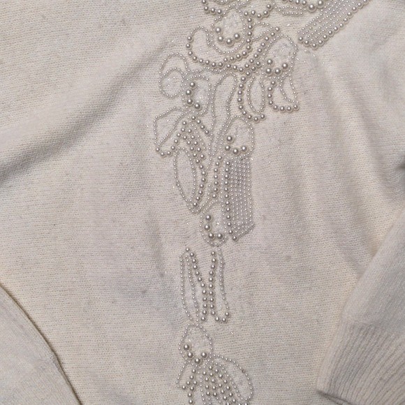 Vintage Cream Silk Angora Pearl Beaded Soft Girl Coquette Crewneck Sweater Sz Md