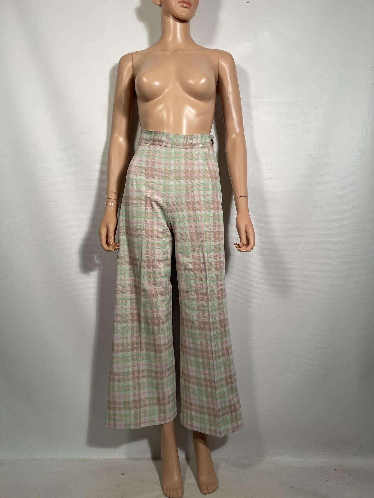 Vintage 1970s Plaid High Waist Wide Leg Polyester Pants Size S