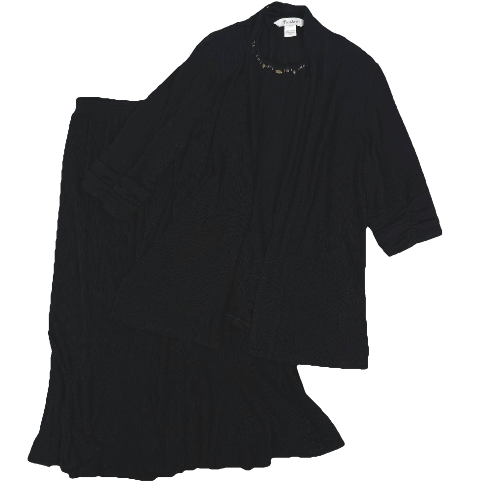 Vintage TanJay 3-Piece Set Black Ribbed Skirt Top Jacket Size S/P Beaded Neck