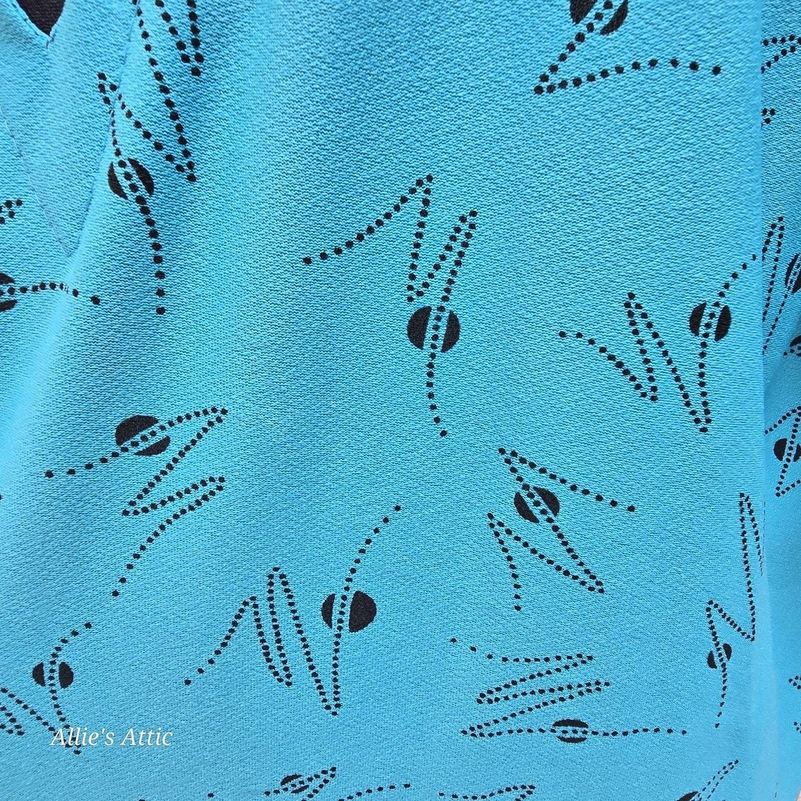 80s Teal Blue Black Geometric Vtg Drop Waist Party Dress Earth Angel Plus Size*