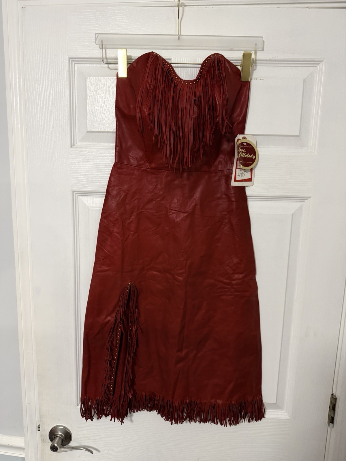 Vintage Red Genuine Leather Fringe Strapless Dress Western Cowgirl Boho