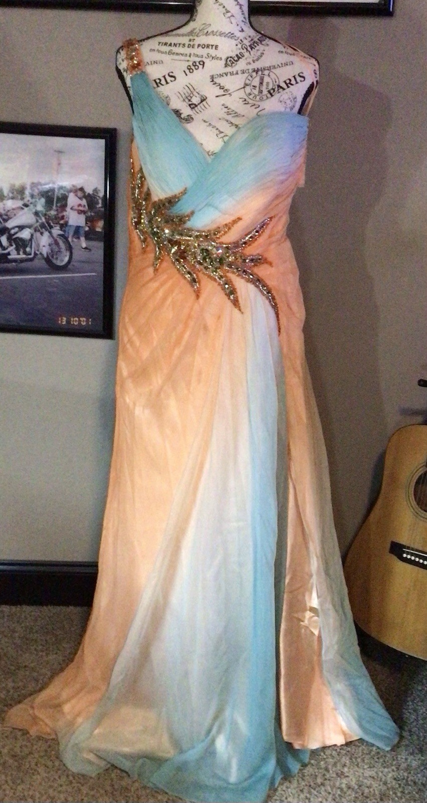 Vintage Women’s Formal Evening Chiffon Gown 2 Tone Peach&Blue Size 9/10